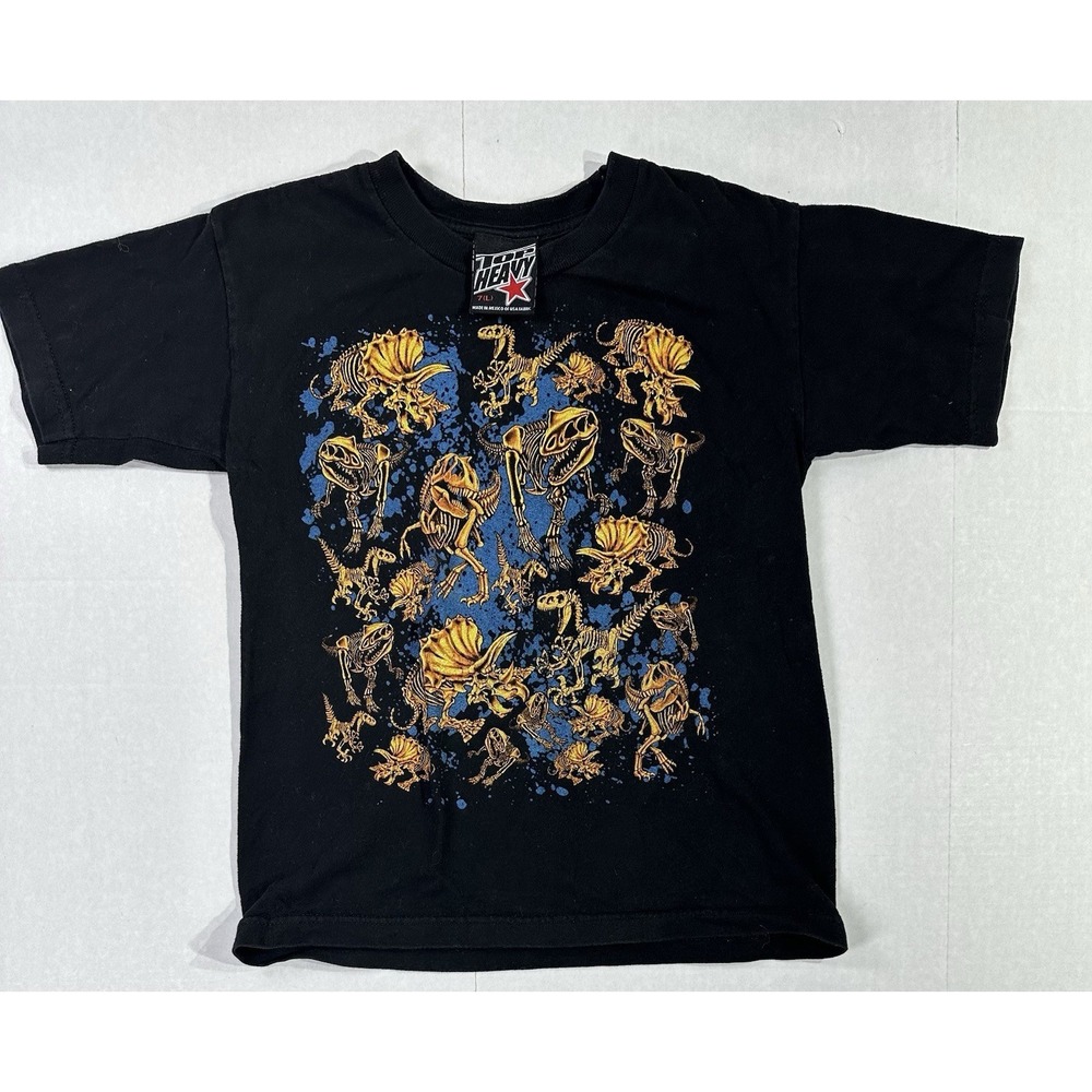 Vintage Top Heavy Dinosaur Skeleton Graphic T-Shirt Kids 7 L Black 2000s